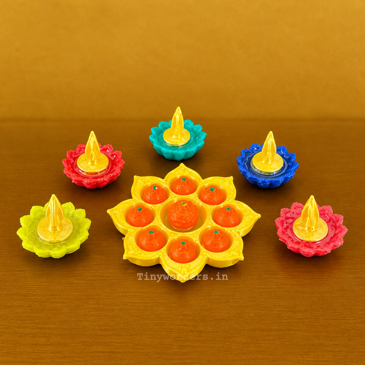 #200 Deepaali Miniature Laddu Plate With 2 Diya ( Set of 3 ) Random Colour