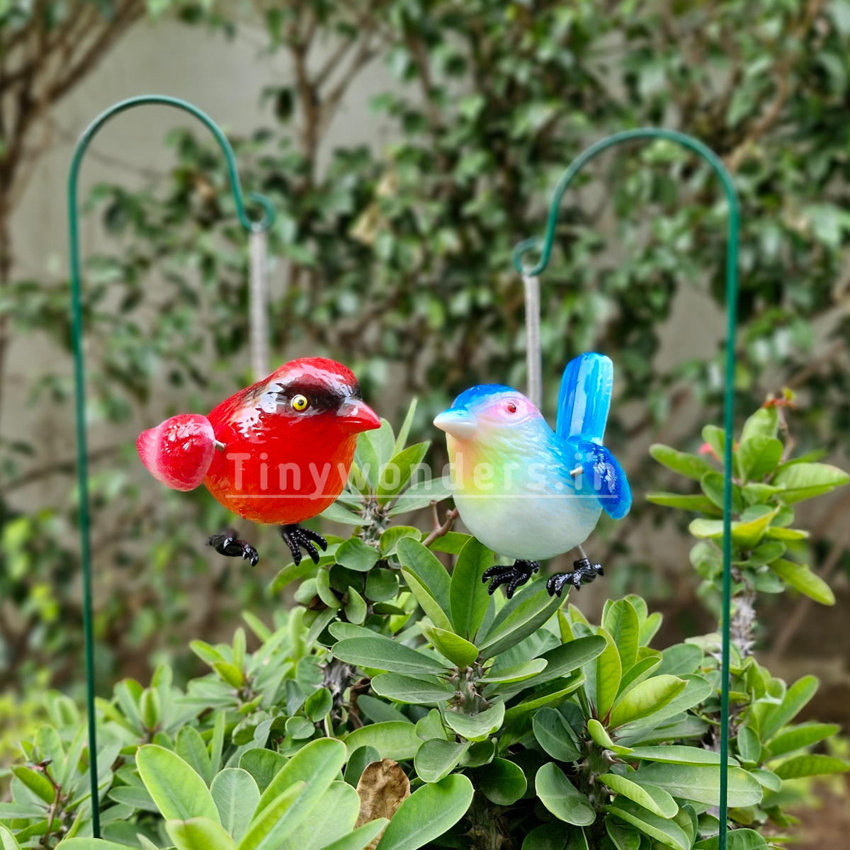 #S64 Hanging Red & Blue Birds Sticks/ Stakes ( Set Of 2 )
